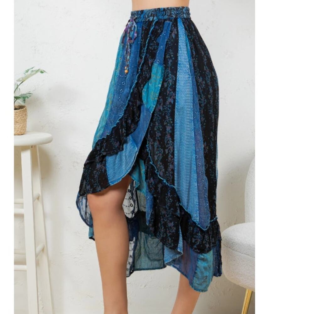 Young Threads Indigo Blue Patchwork Ruffle Wrap Midi Skirt XL - Coastal Boho
